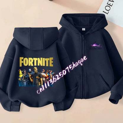 Casacos com capuz e fecho para criança Fortnites, sweatshirts Anime Fortress Night, sweatshirts gaming de primavera/outono, roupa desportiva infantil, presente