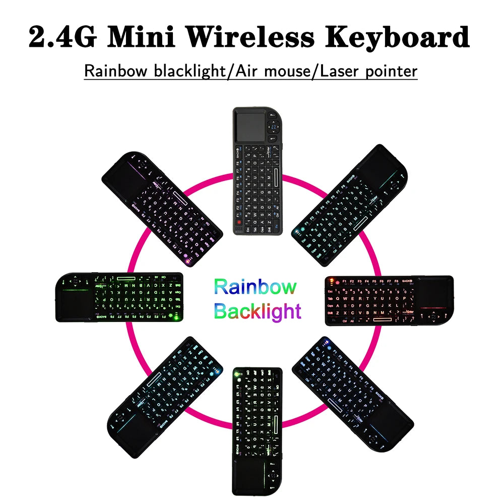 Teclado sem Fios A8 Mini 2.4G com Retroiluminação em 7 Cores, 3 em 1, Teclado Portátil com Touchpad e Air Mouse para Android TV Box, PC e Tablet