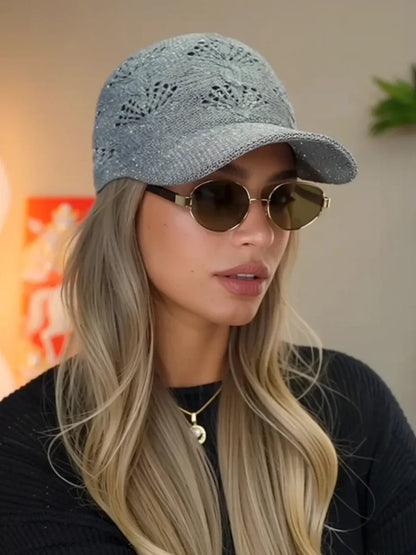 Summer Glossy Openwork Knit Baseball Cap for Women,Outdoor Sun Protection Hat Breathable Flattering Versatile