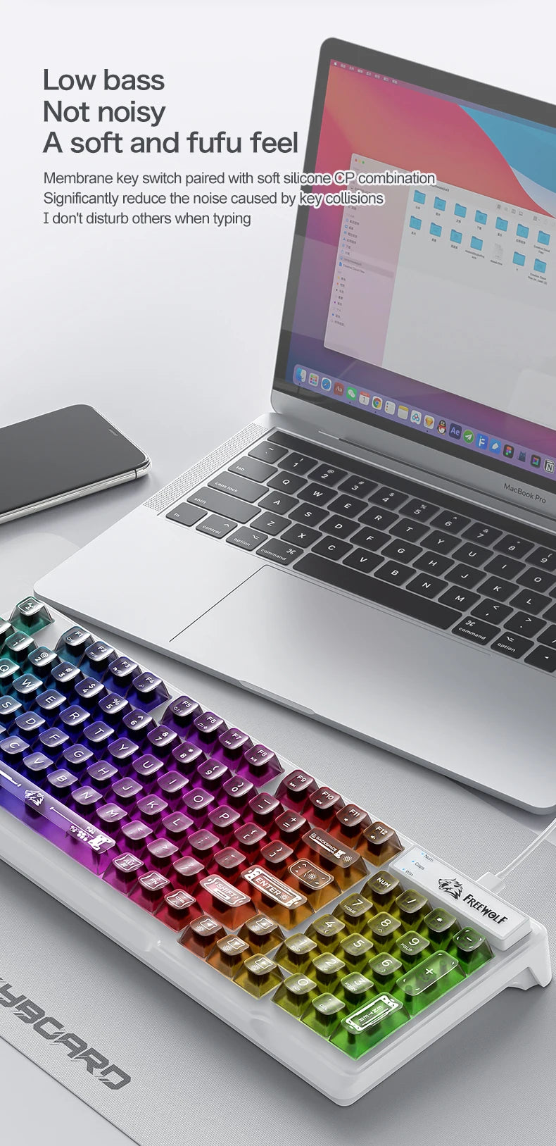 Tastiera cablata FREEWOLF M95 con design trasparente RGB, ideale per diversi scenari come gaming e lavoro d’ufficio