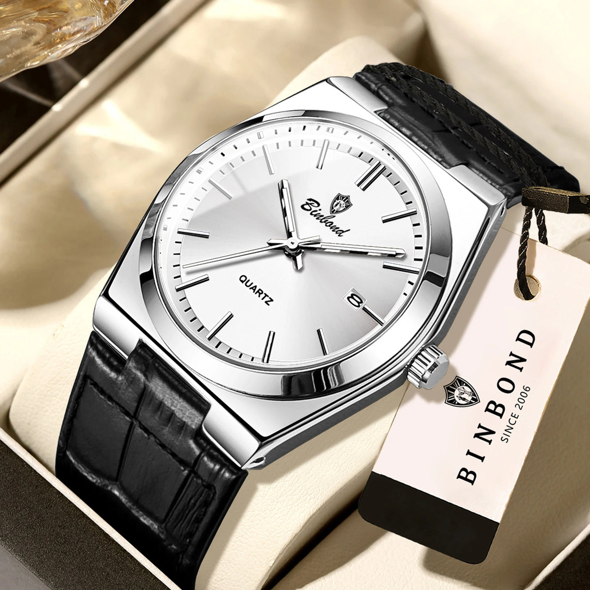 BINBOND luxury quartz wristwatch for men – Water-resistant, luminous, with automatic date – Professional, sporty, trendy and casual styles – Leather strap