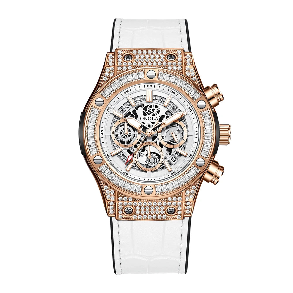 ONOLA Luxury Style Diamond Inlaid Men Quartz Watch Leather Strap Calendar Men Watch 30M Waterproof Men Clock