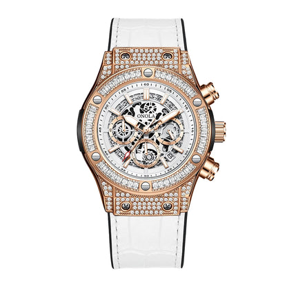ONOLA Luxury Style Diamond Inlaid Men Quartz Watch Leather Strap Calendar Men Watch 30M Waterproof Men Clock