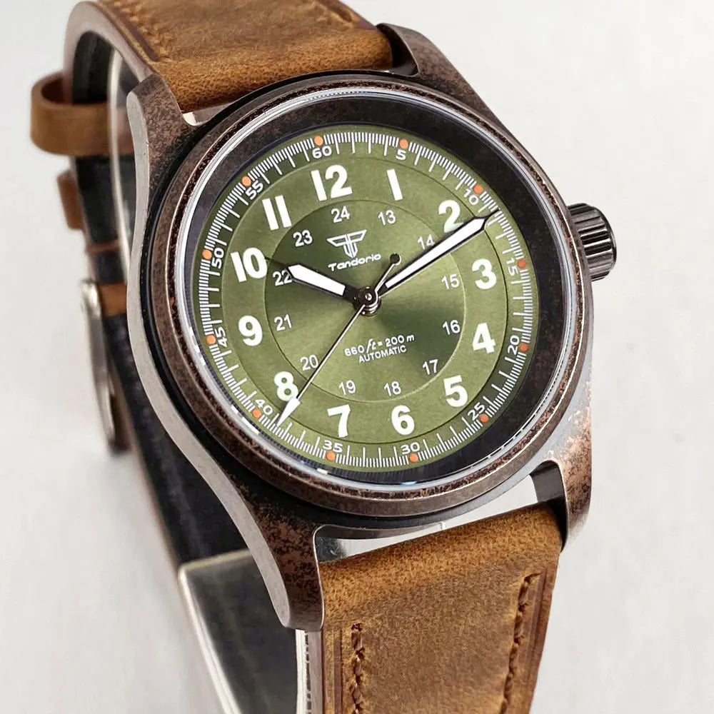 PVD Bronze Case TANDORIO 36mm Military Field Watch Men Japanese NH35A Automatic Movement Sapphire 200M Waterproof Pilot Watches