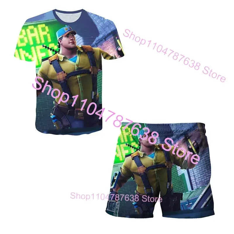 2-teiliges Set F-Fortnited Victory 3D-T-Shirt und Shorts für Kinder, Oberteile für Mädchen und Jungen, Battle-Royale-Kleidung, Harajuku-Tees, Hero-Kinder-T-Shirt