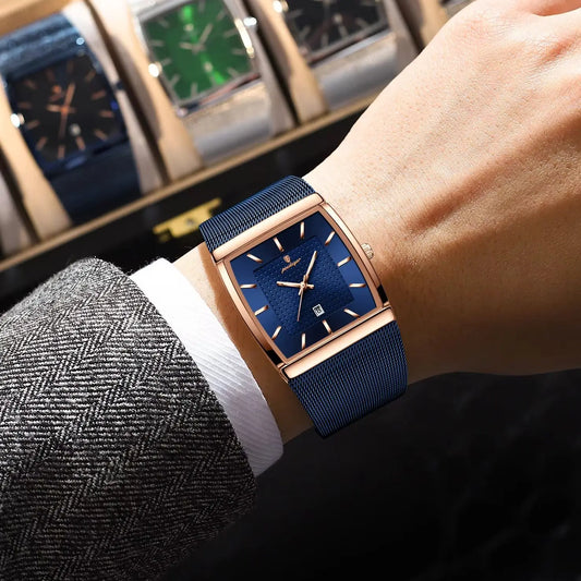 POEDAGAR men’s watch, luxury model, stainless steel mesh strap, date display, water-resistant, luminescent hands, casual style, rectangular case, quartz movement.