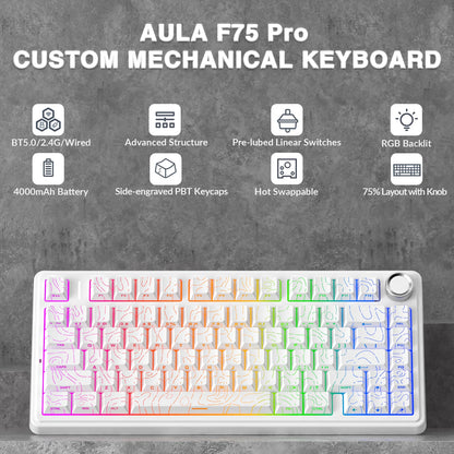 Tastiera meccanica gaming wireless AULA F75 Pro con montaggio gasket, RGB personalizzato, layout 75% e keycap PBT con incisione laterale