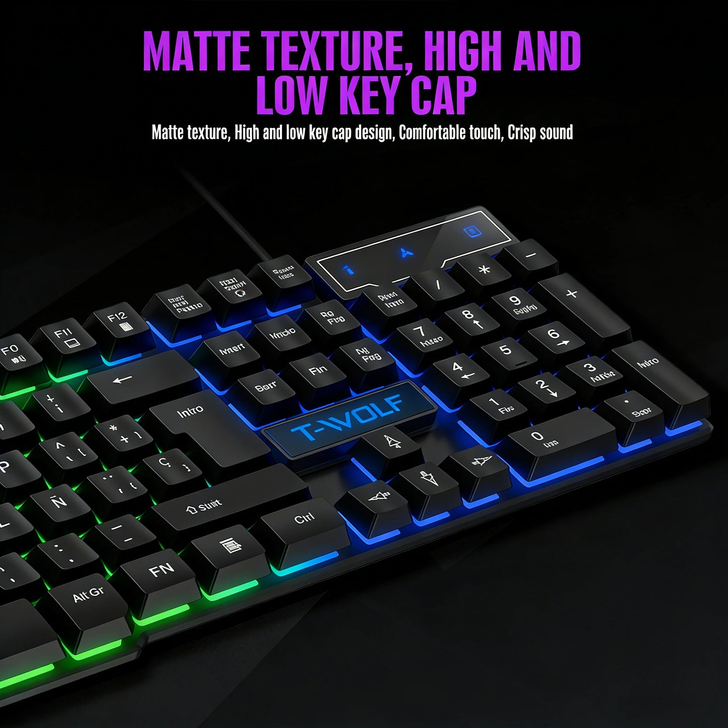 Tastiera gaming meccanica con retroilluminazione RGB, cablata USB, per ufficio e casa, tasti multimediali, layout russo, spagnolo, arabo e inglese