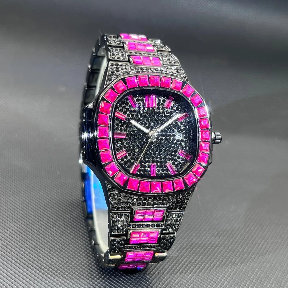 MISSFOX Luxury Watch For Men Rose Iced Out Diamond Hip Hop Quartz Waterproof Clock Men Square Diamond Male Watch 2026 New