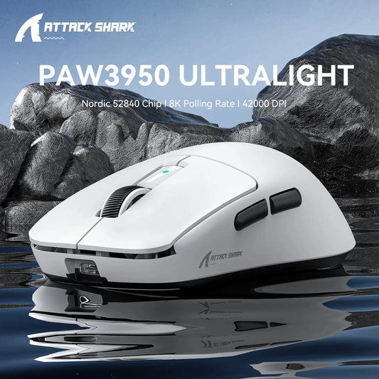Attack Shark R6 letvægts trådløs gamingmus, computermus med PAW 3950Max-sensor og Nordic 52480, 8KHz pollingfrekvens
