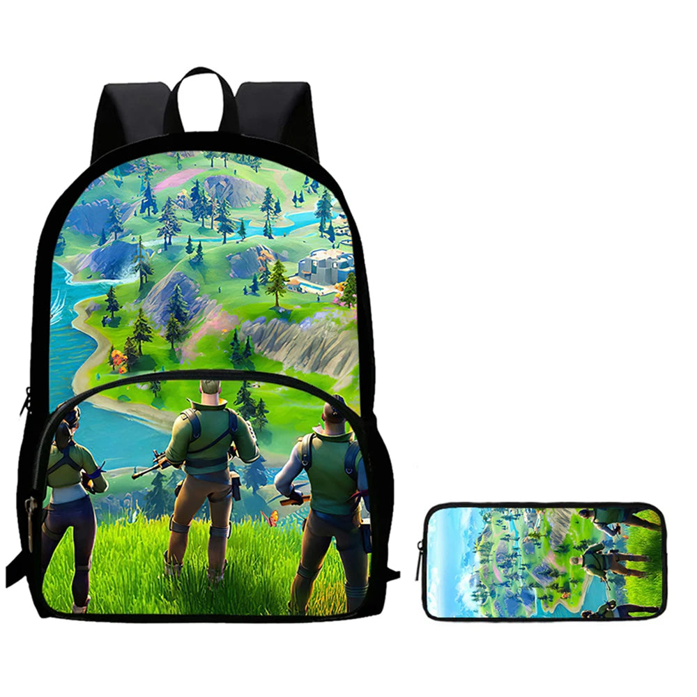 2Pcs Kids School Bag Set FORTNITE Cartoon, Lightweight & Durable Backpack and Pencil Bag with Front Pocket, Boys & Girls 5-10