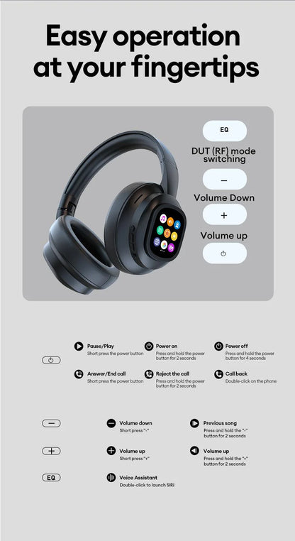 Auriculares inalámbricos Bluetooth con pantalla táctil LCD AI – Headset gaming con cancelación de ruido ANC, graves profundos y micrófono HD