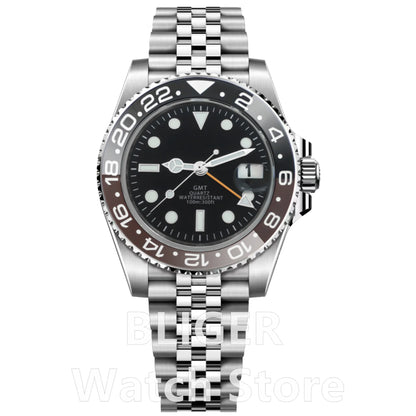 BLIGER 40mm 515 24H GMT Men's Watch Stainless Steel Clasp Luminous Quartz Movement Ceramic Bezel Sapphire Glass 10Bar Waterproof