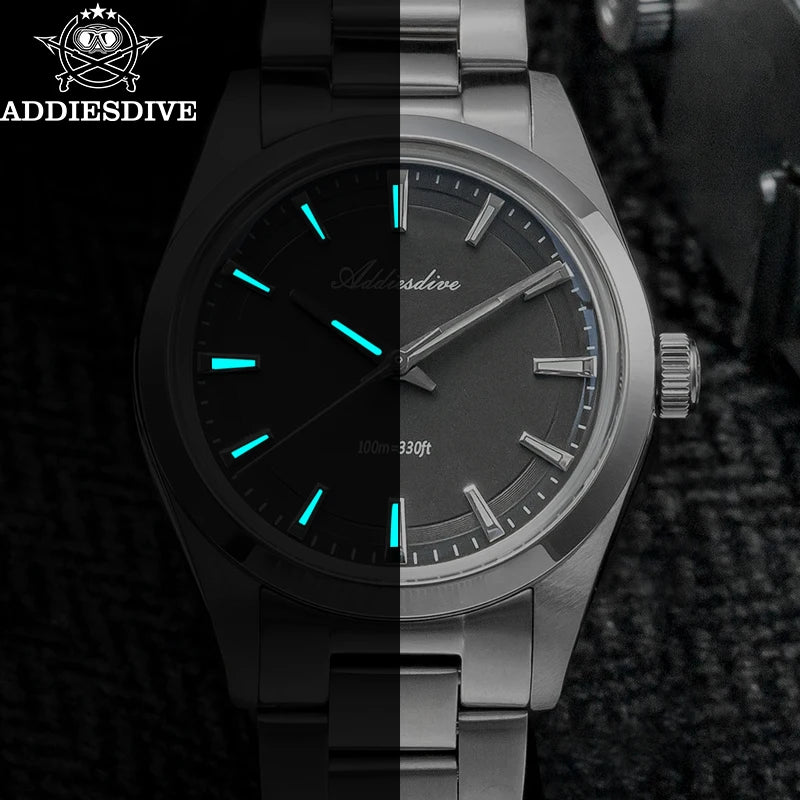 Relógio de homem ADDIESDIVE em aço, estilo de luxo, equipado com vidro abaulado, movimento de quartzo e revestimento luminescente azul BGW9; resistente à água até 100 ATM, indicação analógica – Modelo AD2066