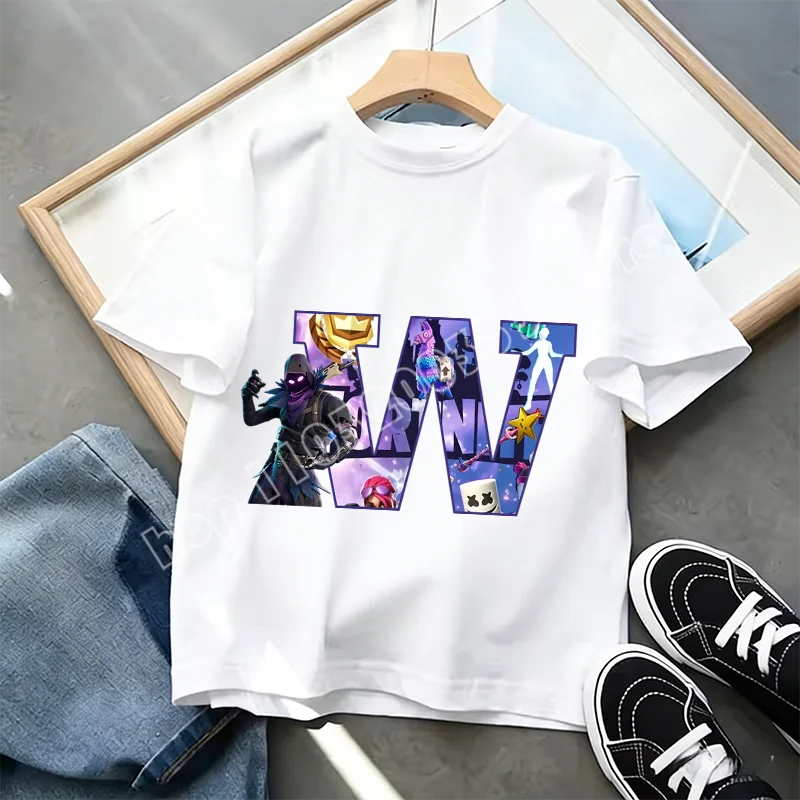 T-shirt Infantil Branco Fortnite com Estampado Alfabeto A-Z — Roupa de Verão, Jogo de Desenhos Animados Popular, Manga Curta Casual, Presente de Moda