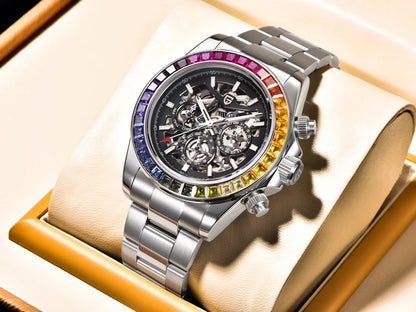 PAGANI DESIGN Personalized Men Automatic Mechanical Watch Colorful Gemstone Bezel Small Three-Pin Tachymeter Design Chronograph