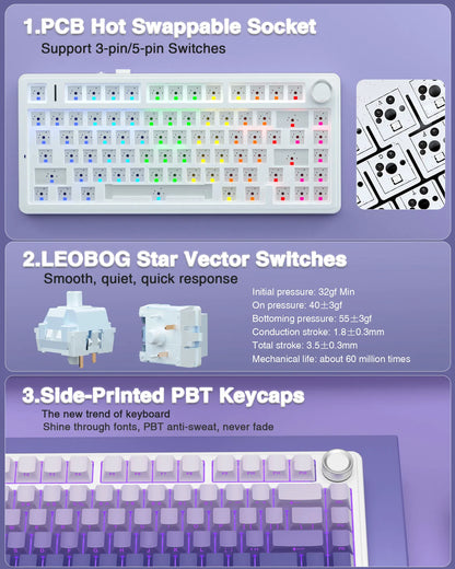 Tastiera meccanica gaming wireless AULA F75 Pro con montaggio gasket, RGB personalizzato, layout 75% e keycap PBT con incisione laterale