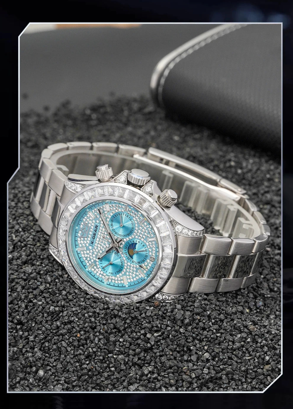 X-GEAR Men's Watch Automatic Mechanical with Diamond Dial Luminous Moon Phase Water-Resistant