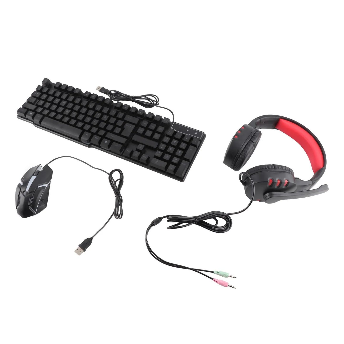 Combo gaming de teclado y ratón de 4 piezas, teclado ergonómico de 104 teclas, ratón con luz de respiración de 4 colores, auriculares y alfombrilla antideslizante para ratón