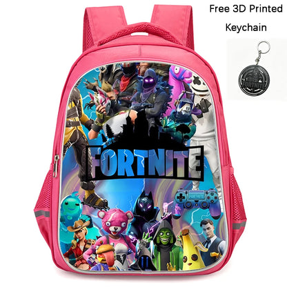 FORTNITE 16-inch Durable Lightweight Backpack, Dual Zipper Pockets, Cartoon Style for Boys & Girls 6-10,Free 3D Printed Keychain