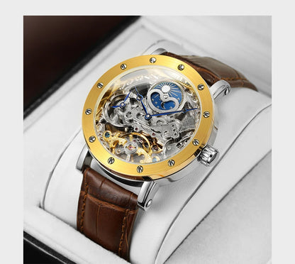 Relógio de pulso mecânico automático SKROX para homem, modelo esqueleto com função GMT, fase lunar e turbilhão – Relógio de luxo de alta gama, elegante e original.