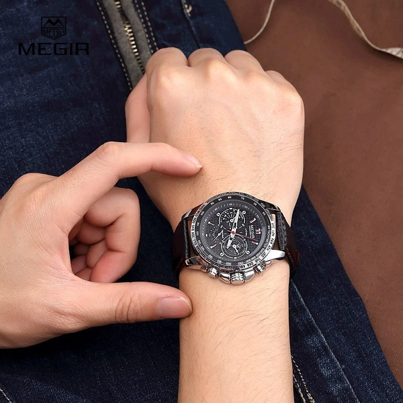 MEGIR men’s analogue quartz wristwatch – Water-resistant luxury watch with leather strap, casual style, model 1010 (black)