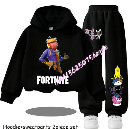 Fortnite Kids Spring and Autumn Long-Sleeved Pants Children's Hooded Sweatshirt Set Game Cartoon Print Boys' Sport Shirt