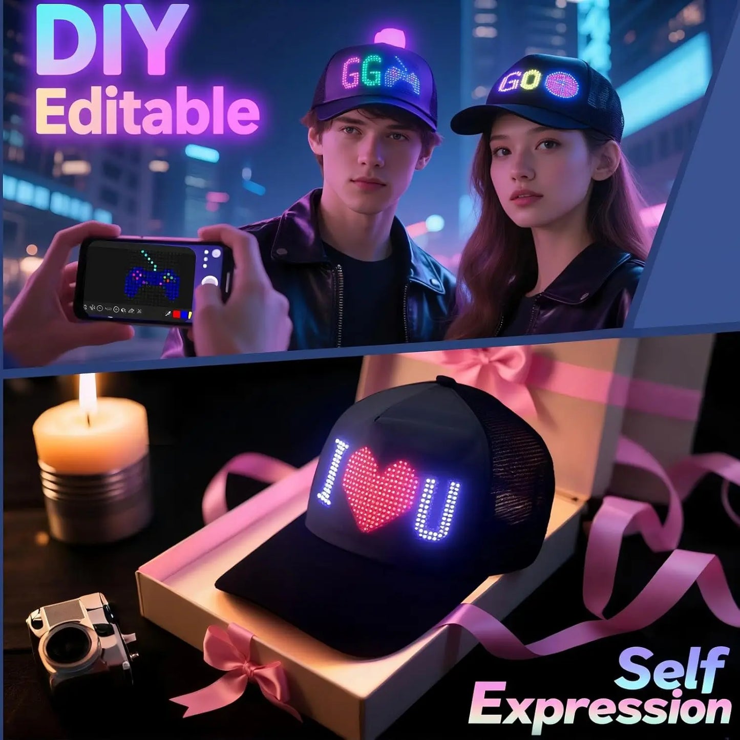 Led Baseball Cap Usb App Control Bluetooth Rechargeable Scrolling Atmosphere Message Board Hop Display Hat Glowing Hat Hip