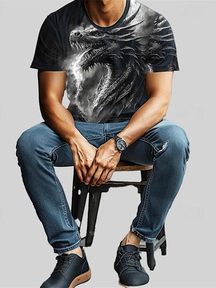 Camiseta de hombre con estampado de dragón 3D, informal de verano para diario, camiseta urbana de hombre para deportes al aire libre, manga corta, moda urbana