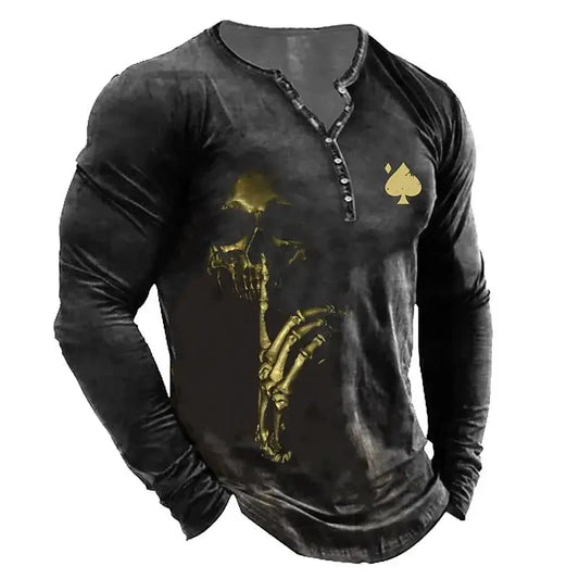 Herbst-Schädel-Henley-Shirt mit 3D-Print, Streetwear-Herrenmode, Vintage-Langarm-T-Shirt mit Knopfleiste, Herren-T-Shirt, Oberteile, Kleidung