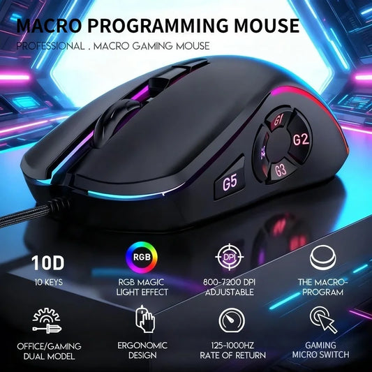 Kablet gaming- og kontormus 7200DPI RGB-bagbelyst mus 6 justerbare DPI-niveauer/10 programmerbare knapper/tilbage til skrivebordet-knap mus