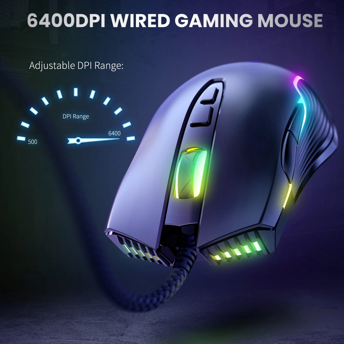 ONIKUMA Wired Gaming Mouse 6 Levels Adjustable 6400 DPI 7 Programmable Buttons 7 RGB Lighting Modes Ergonomic Mice for PC Gamer