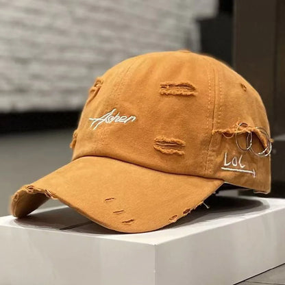 Unisex Asher Embroidery Broken Hole Iron Ring Baseball Caps Outdoor Adjustable Spring and Autumn Casual Sunscreen Hat
