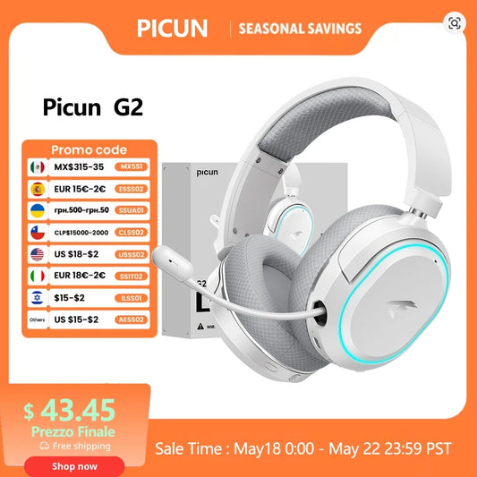 Cuffie Gaming Wireless Picun G2 Bluetooth 5.3 – Audio Surround 7.1, cuffie da gioco a bassa latenza 5ms con microfono ENC per PC, PS5, PS4, Switch e dispositivi mobili