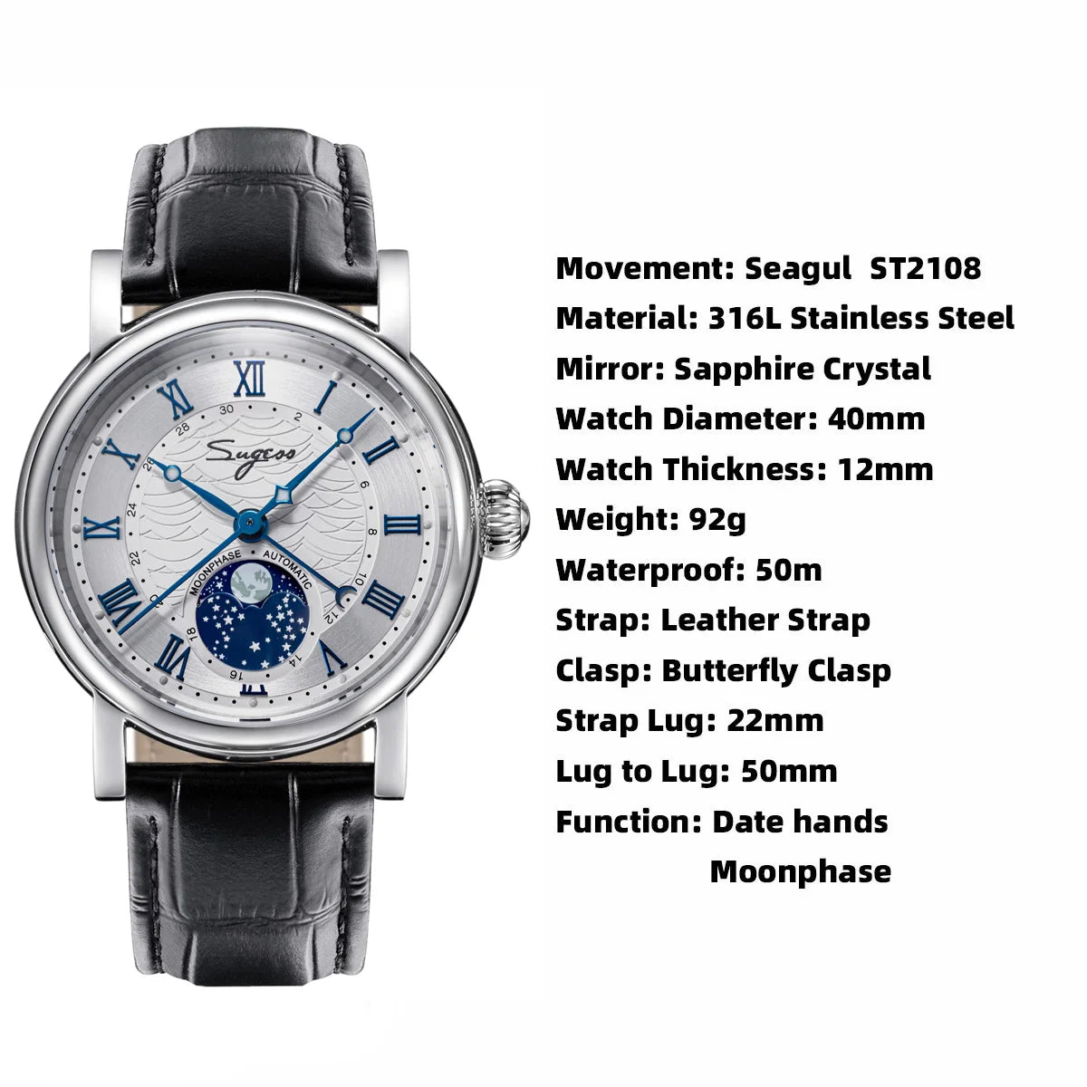 Sugess Watches for Men Automatic Mechanical Watch Moonphase Tianjin ST2108 Waterproof Date Hands Sapphire Crystal Rome Wave Dial