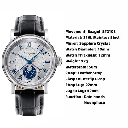 Sugess Watches for Men Automatic Mechanical Watch Moonphase Tianjin ST2108 Waterproof Date Hands Sapphire Crystal Rome Wave Dial