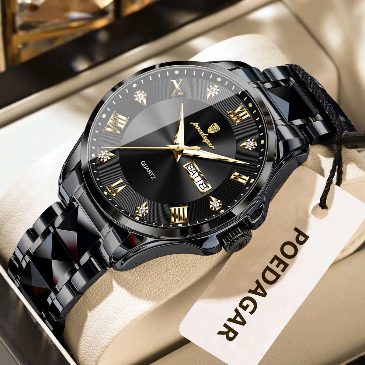Relógio de homem POEDAGAR, modelo de luxo original, estanque, luminoso, com indicação da data e do dia, estilo elegante, caixa em aço inoxidável, movimento de quartzo, ideal para o trabalho.