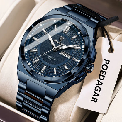 Montre-bracelet de luxe POEDAGAR Sport Original pour homme, à quartz, avec date et jour de semaine, étanche et lumineuse, en acier inoxydable.