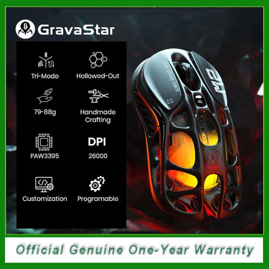 GravaStar Mercury M2 trådløs gamingmus, let udhulet design, 5 programmerbare DPI-niveauer, 26,000 DPI, PAW3395DM-sensor