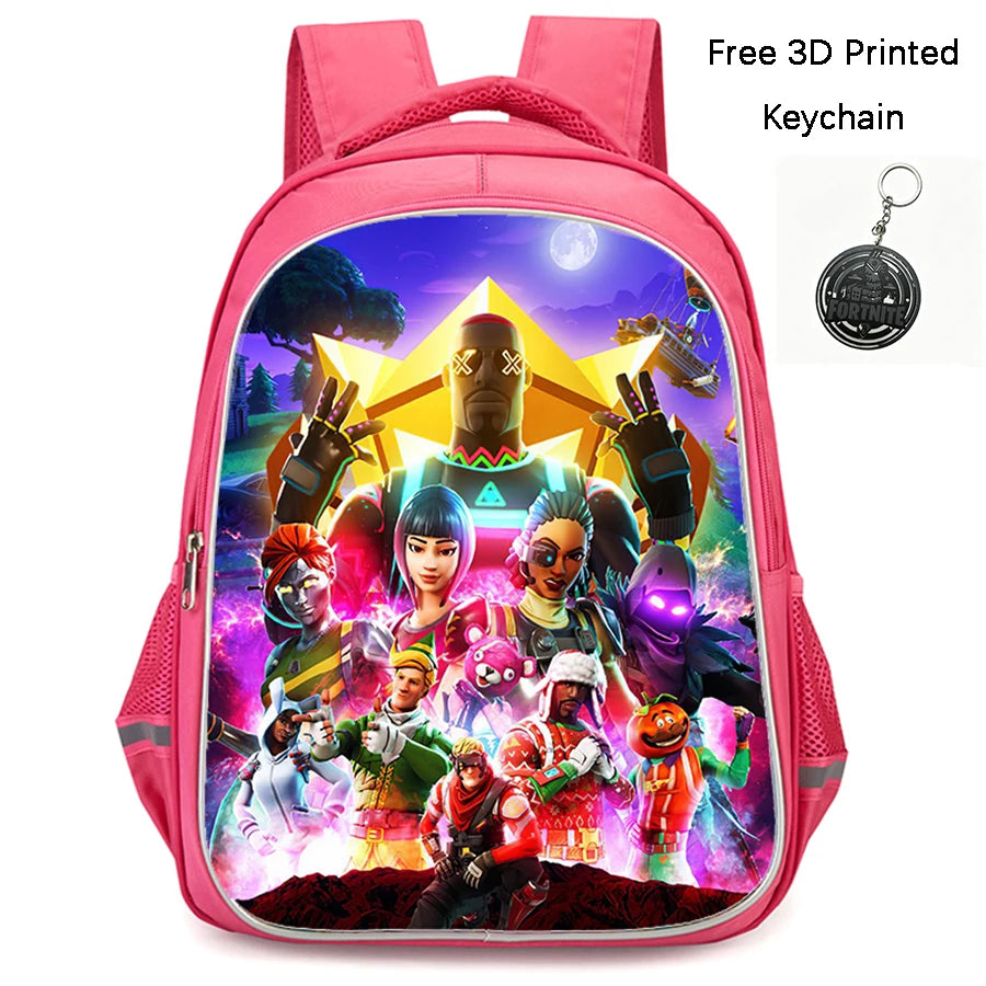 FORTNITE 16-inch Durable Lightweight Backpack, Dual Zipper Pockets, Cartoon Style for Boys & Girls 6-10,Free 3D Printed Keychain
