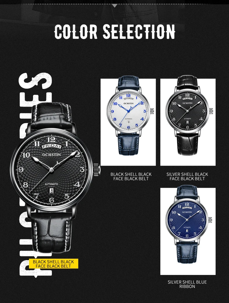 OCHSTIN Day Date Gents Watches 2025 Gift for Men Automatic Mechanical Business Wristwatches 40mm Analog Male Clock Leather Strap