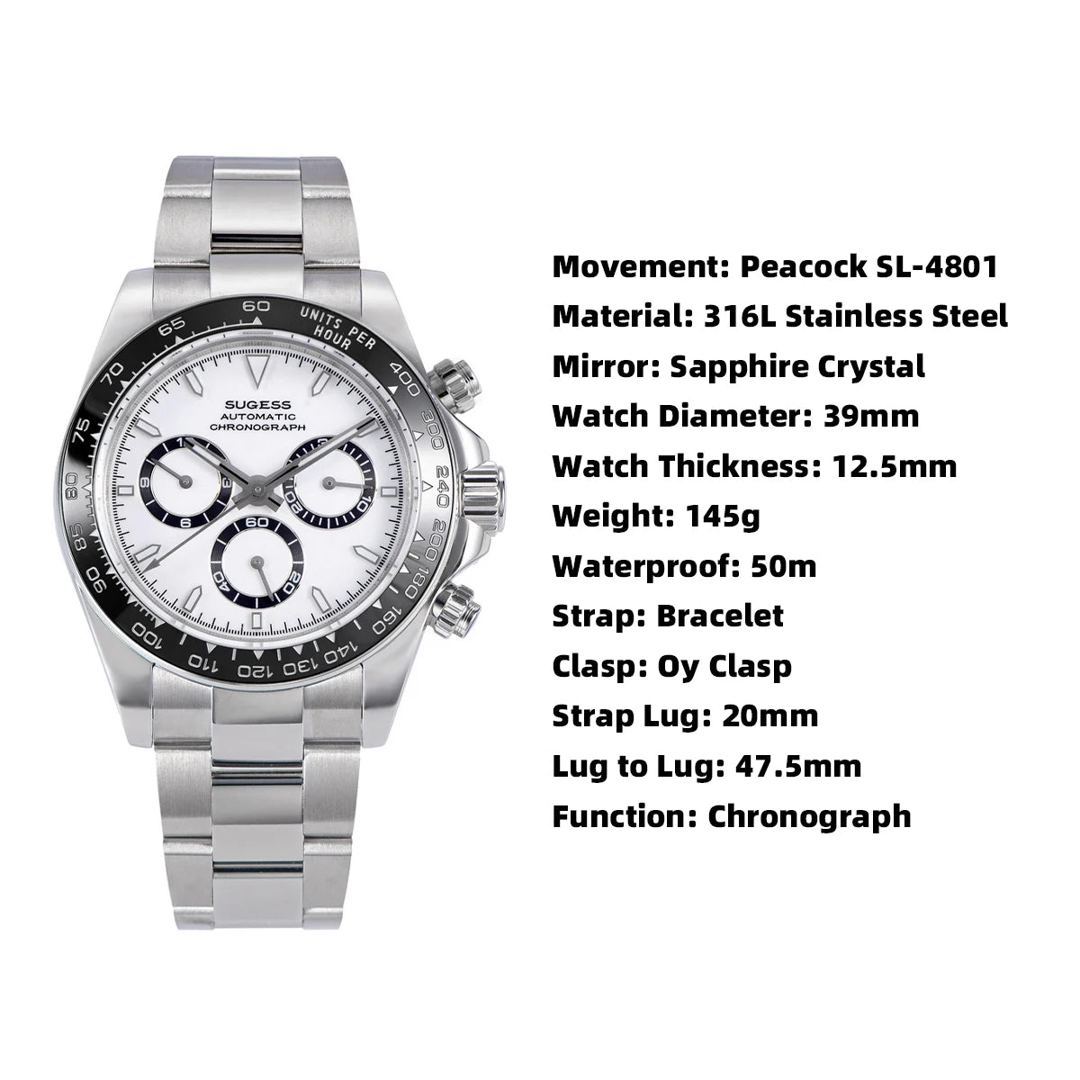 Sugess Panda Chronograph Movement Automatic Mechanical Chronograph Wristwatch Waterproof Diving Men Watches Ceramic Bezel Tona