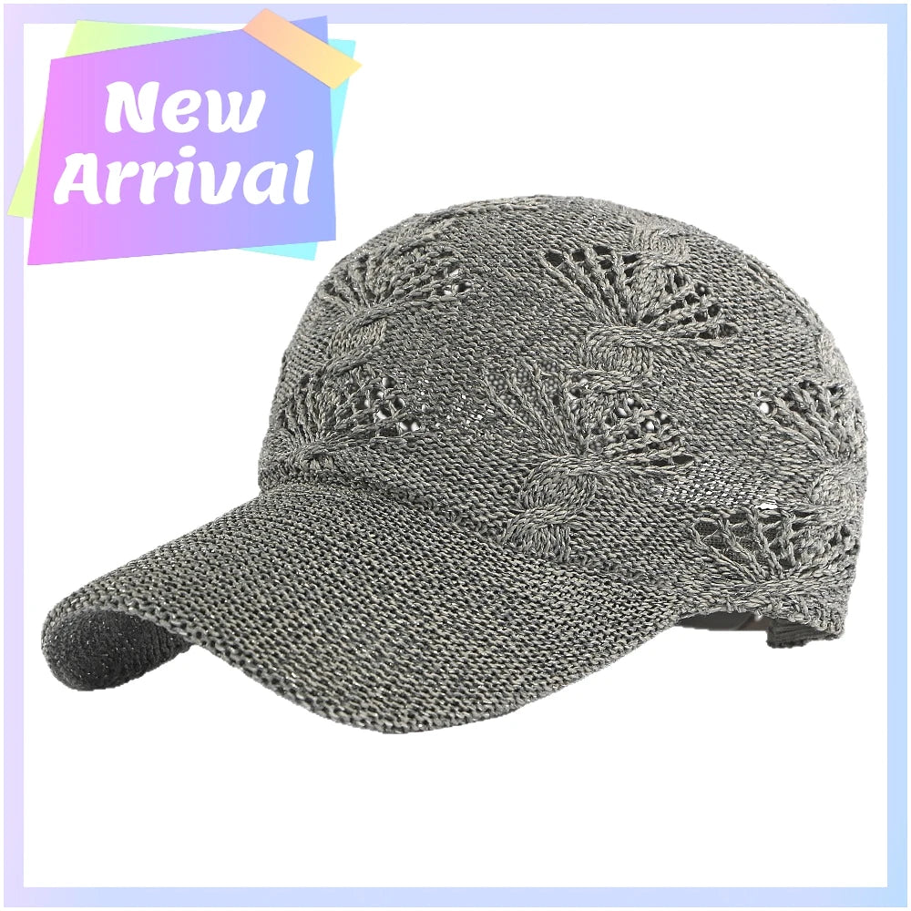 Summer Glossy Openwork Knit Baseball Cap for Women,Outdoor Sun Protection Hat Breathable Flattering Versatile