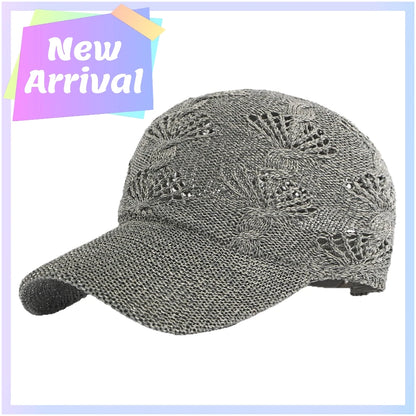 Summer Glossy Openwork Knit Baseball Cap for Women,Outdoor Sun Protection Hat Breathable Flattering Versatile