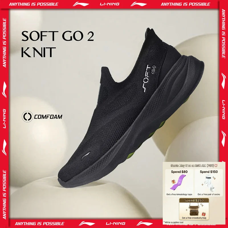 Zapatillas deportivas casual sin cordones Li-Ning SOFT GO 2 KNIT para hombre, cómodas, estables y con amortiguación, de malla para caminar, jogging y uso diario AGLV017