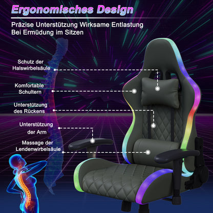 Rosahqnda Gaming Chair with Massage Function, Adjustable Office Chair, Gamer Chair with LED,Lumbar Cushion, Pillow,150 KG