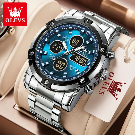 Relógio de homem OLEVS – Relógio de pulso de quartzo, estanque, em aço inoxidável, com ecrã LED – Estilo desportivo e moderno (modelo 1106)