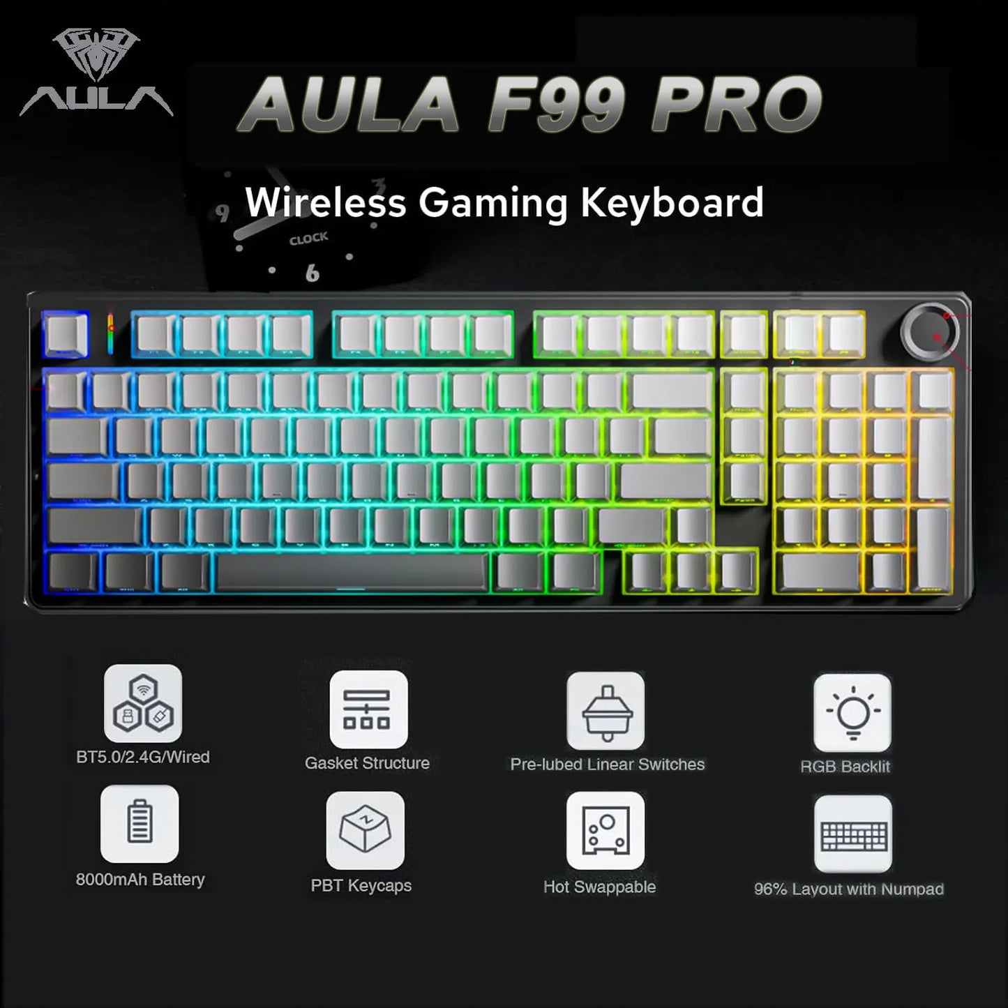 Teclado mecánico gaming AULA F99 Pro E-sports de tres modos, RGB, hot-swappable, 96%, PBT, inalámbrico personalizado con perilla multimedia