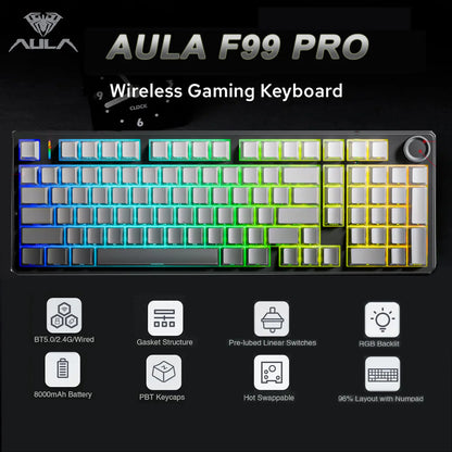 Teclado mecánico gaming AULA F99 Pro E-sports de tres modos, RGB, hot-swappable, 96%, PBT, inalámbrico personalizado con perilla multimedia