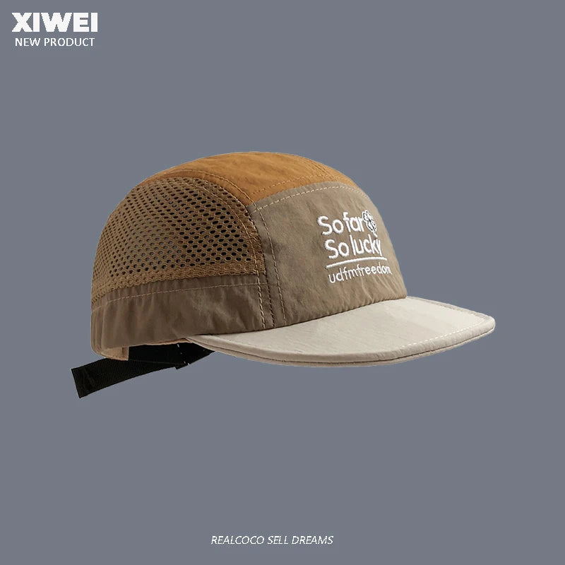 Cappellino da estate con ricami abbinati ai colori, ad asciugatura rapida, per uomo e donna, per sport all’aperto, in rete traspirante, con visiera parasole, a cinque pannelli, stile baseball